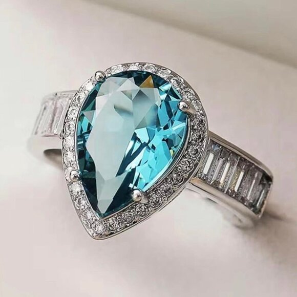 Aquamarine Zirconia Teardrop Cut Featuring Zirconia Baguettes on Sterling Silver - Picture 3 of 4